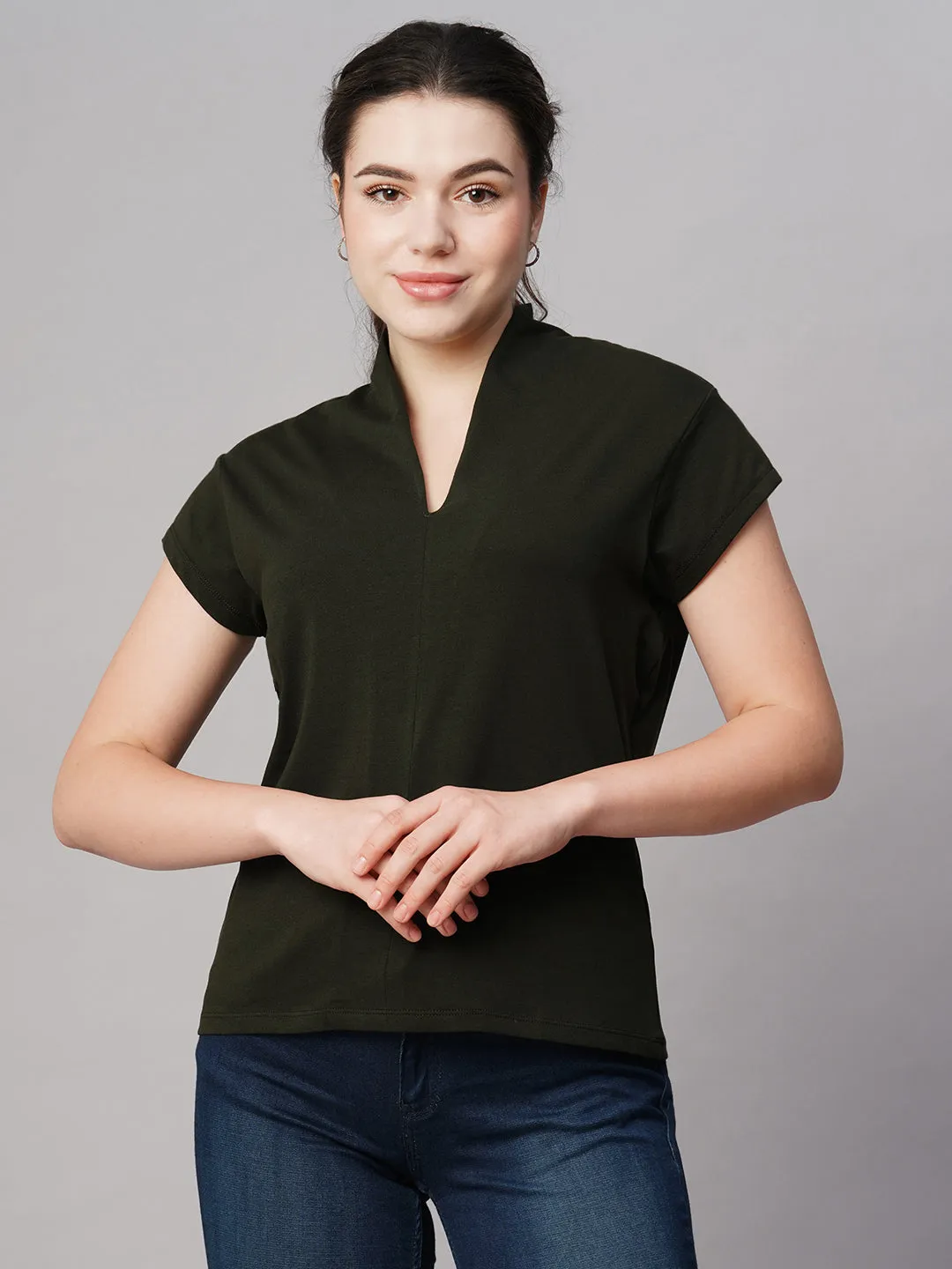 Women's Green Cotton Elastane Slim Fit Tshirt