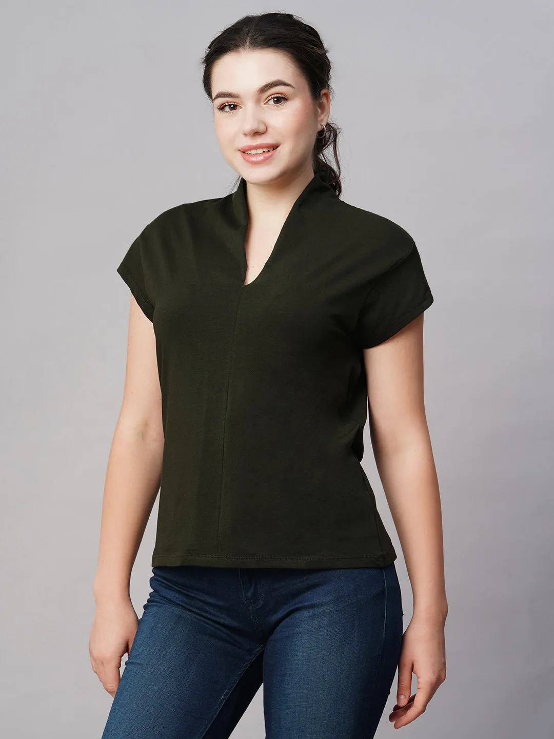 Women's Green Cotton Elastane Slim Fit Tshirt