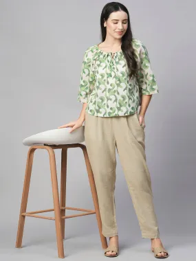 Women's Green Cotton Flax Regular Fit Blouse