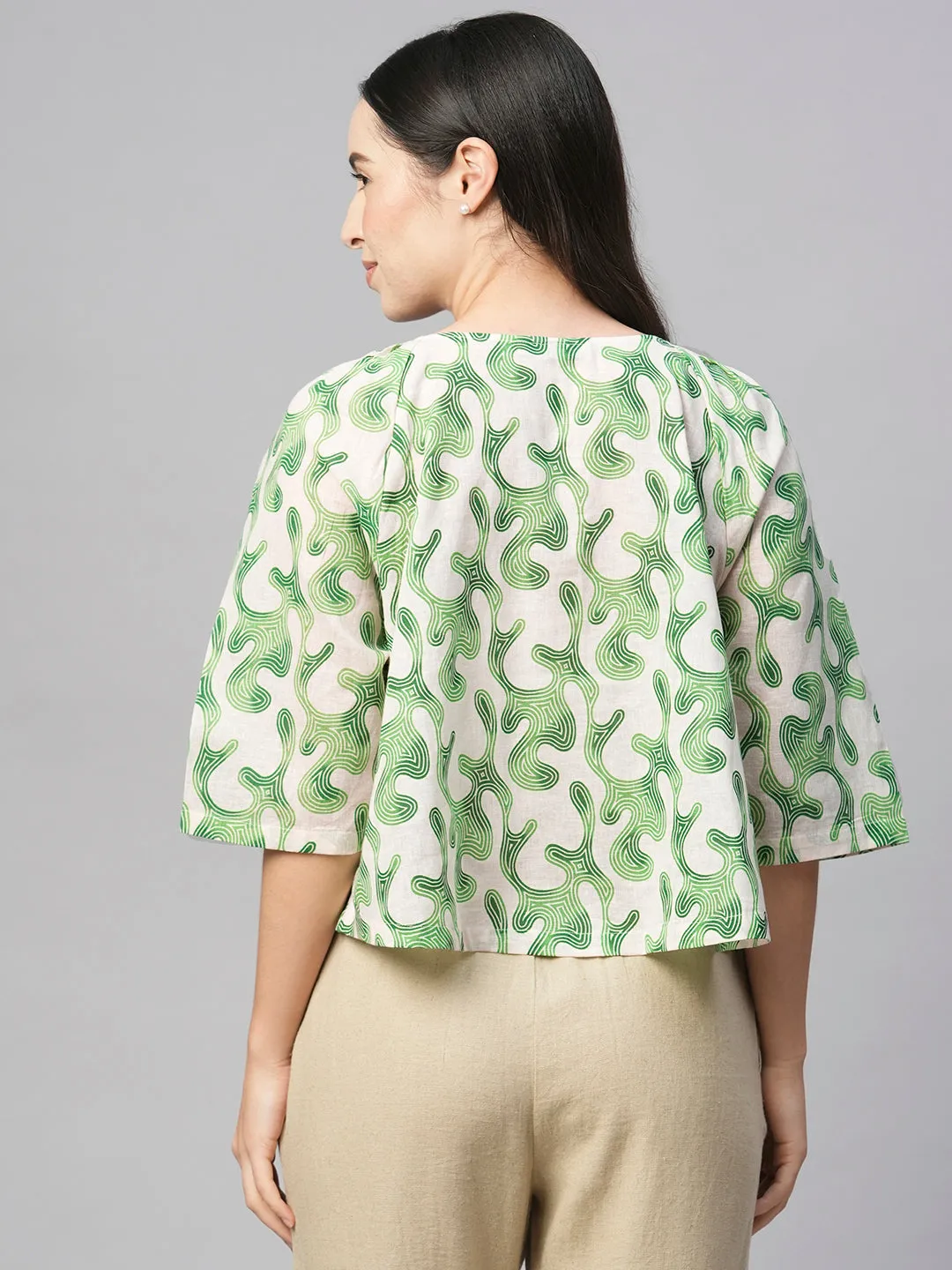 Women's Green Cotton Flax Regular Fit Blouse