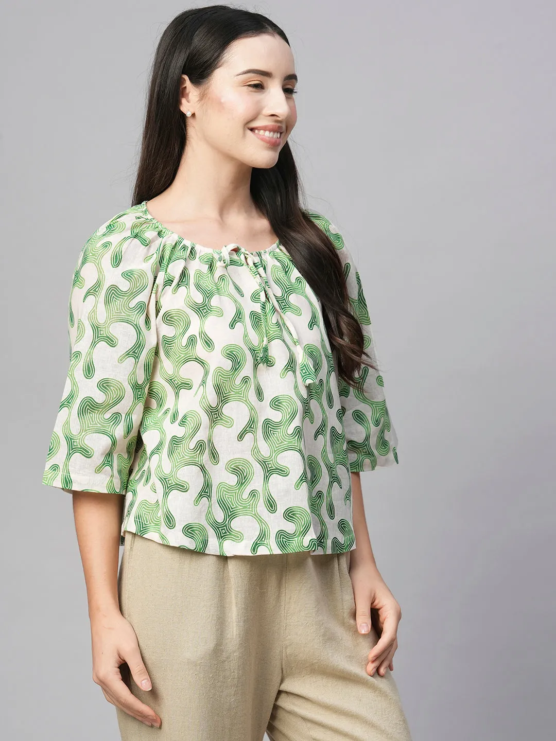 Women's Green Cotton Flax Regular Fit Blouse