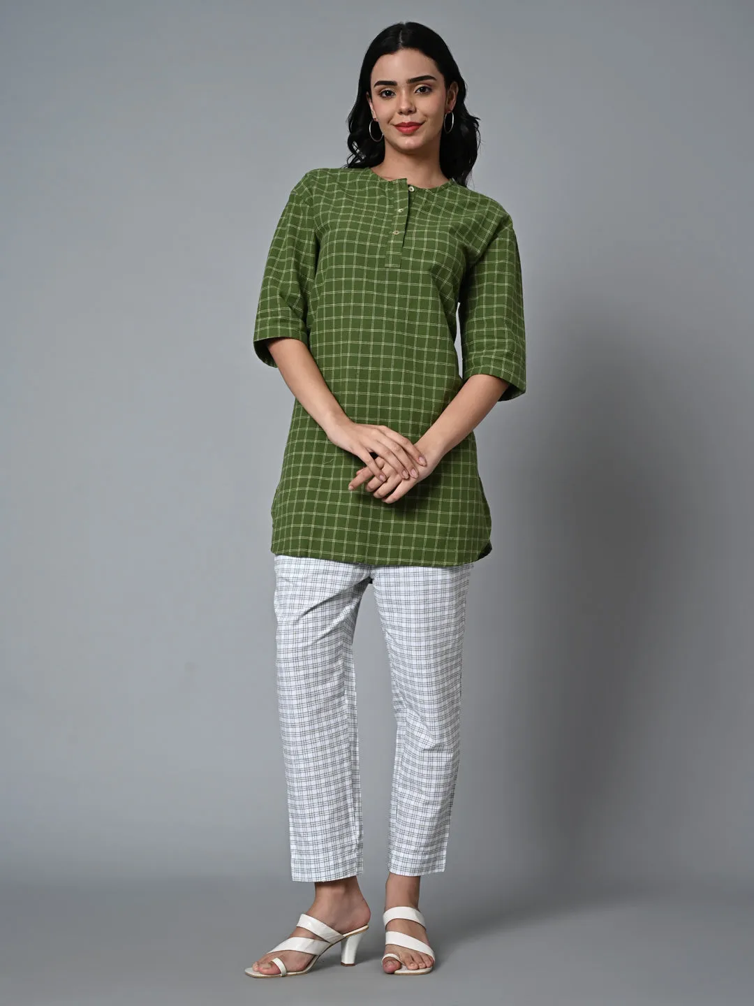 Women's Green Cotton Linen Regular Fit Kurta