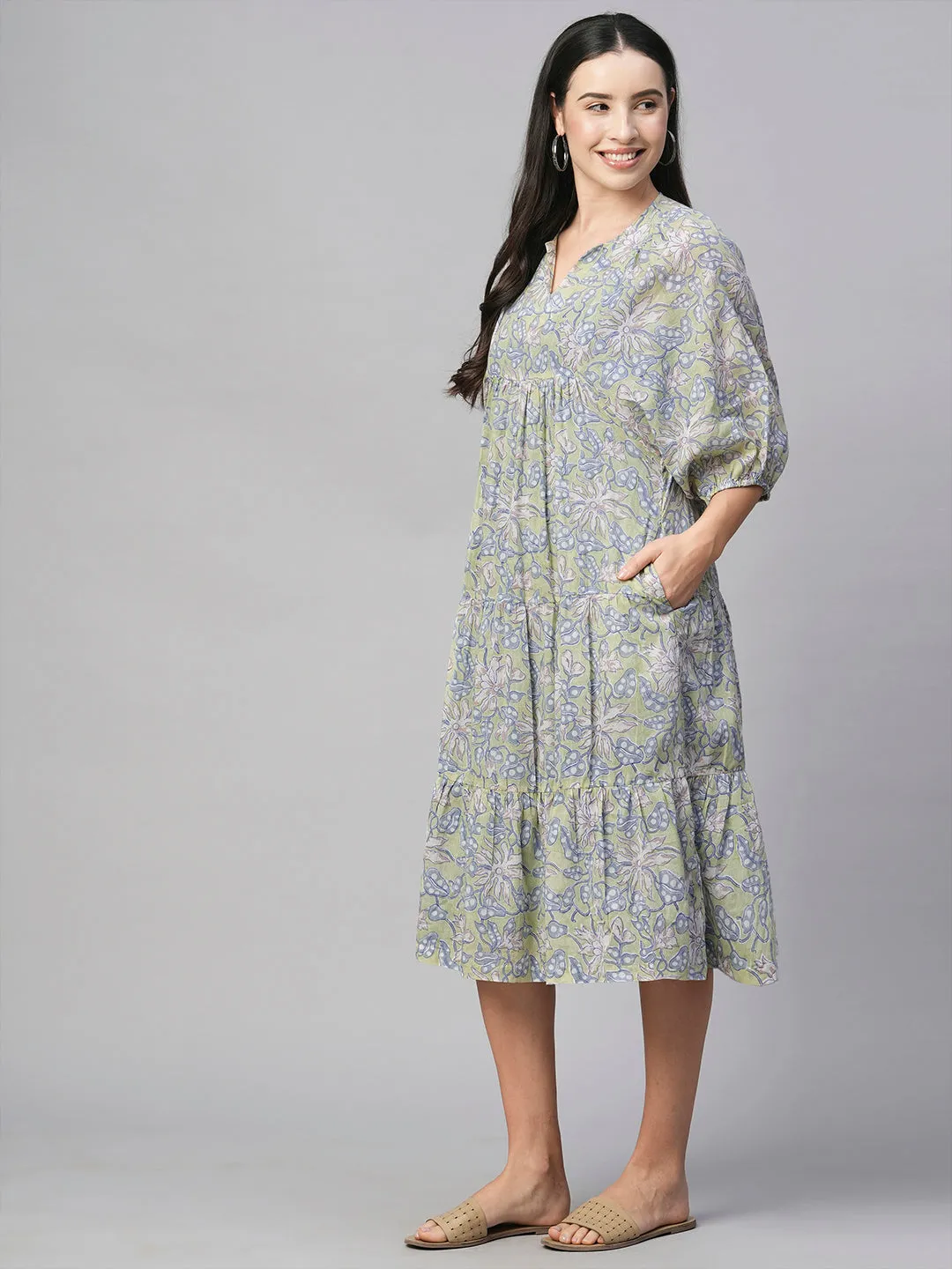 Women's Green Cotton Regular Fit Dress