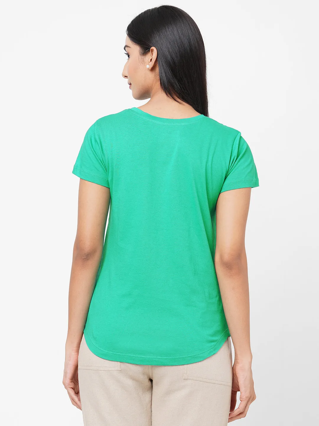 Womens Green Cotton Regular Fit Tshirt