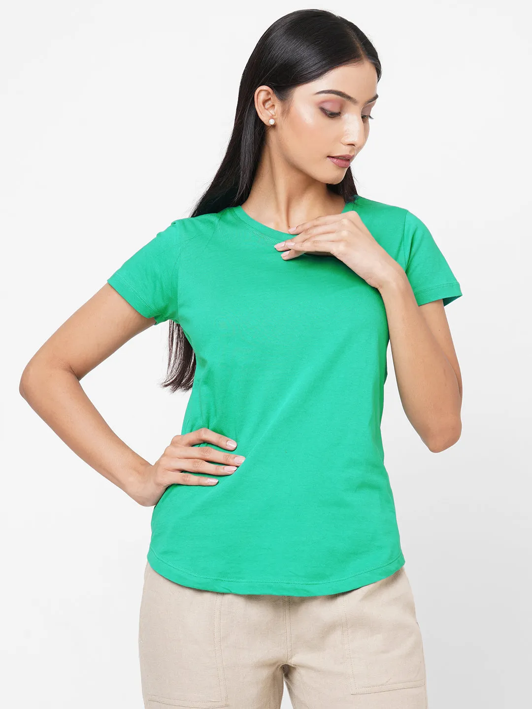 Womens Green Cotton Regular Fit Tshirt