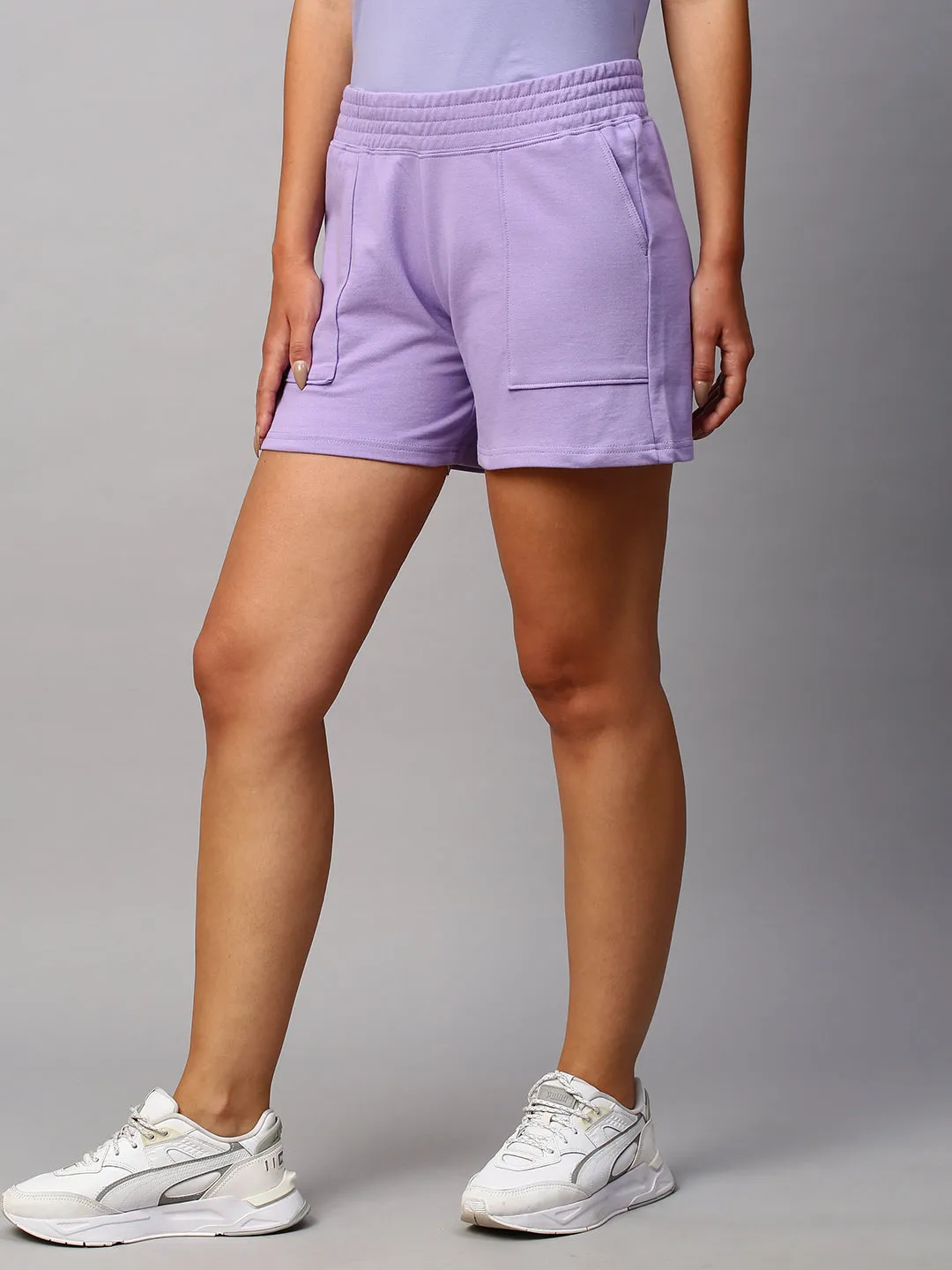 Women's Lavender Cotton Regular Fit Knit Shorts