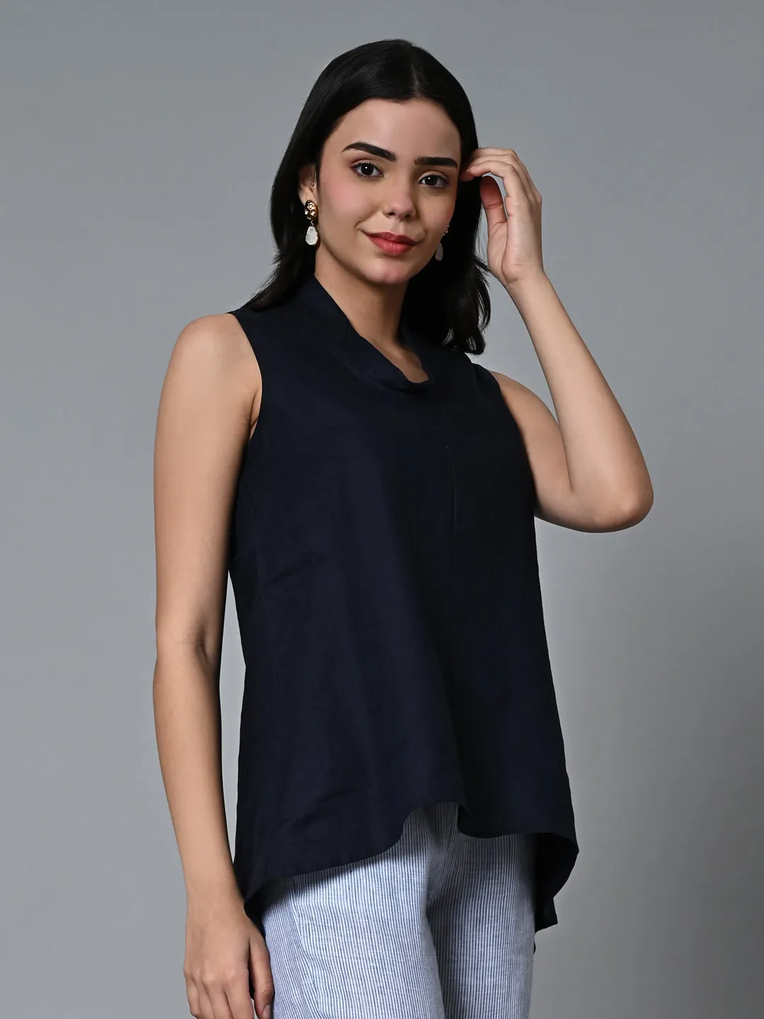 Women's Navy Linen Regular Fit Blouse