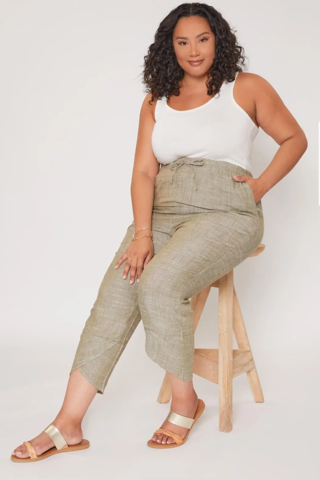 Women's Plus Size Linen Elastic Waist With Tulip Hem Pant