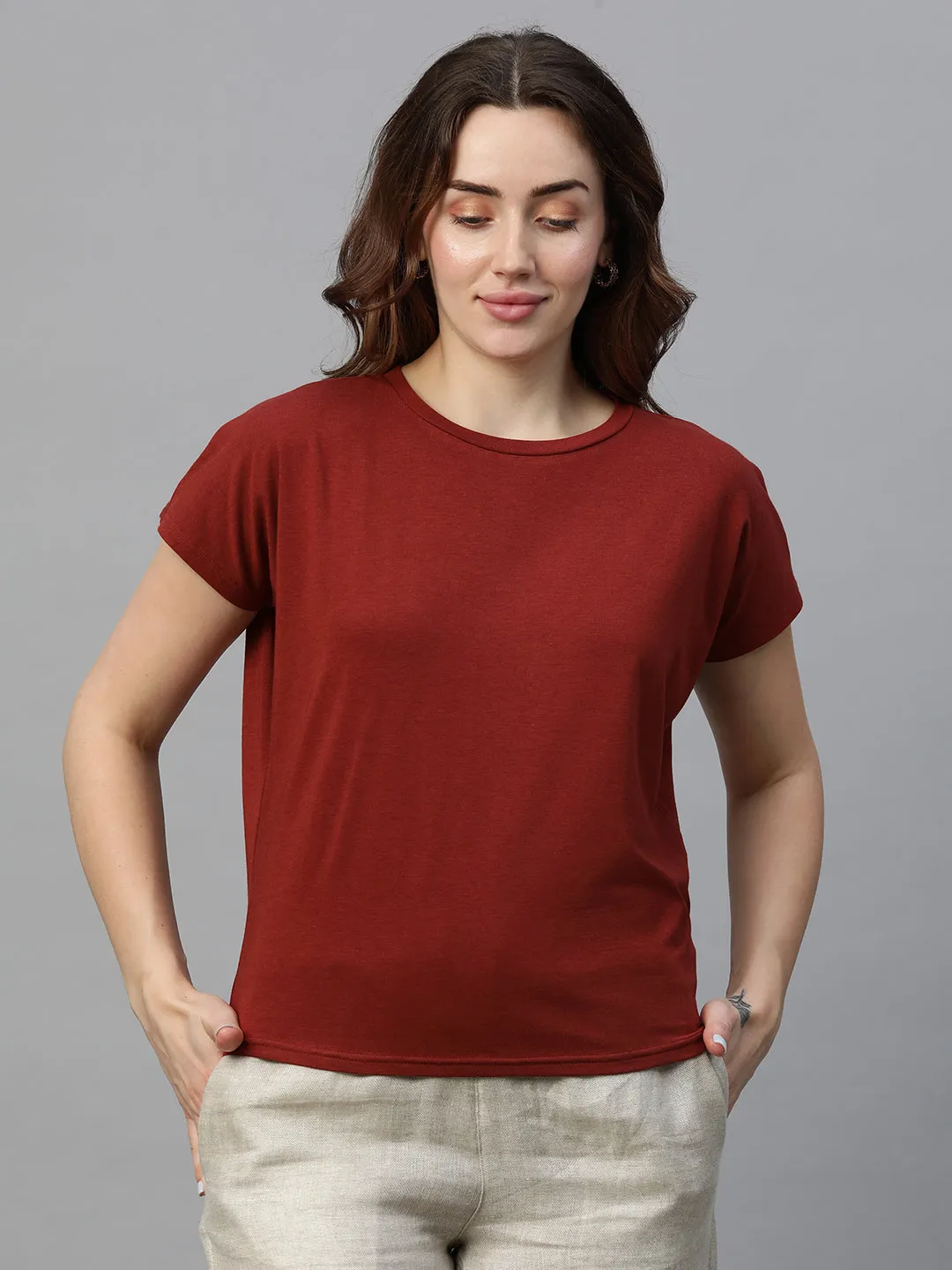 Women's Red Cotton Bamboo Elastane Regular Fit Tshirt