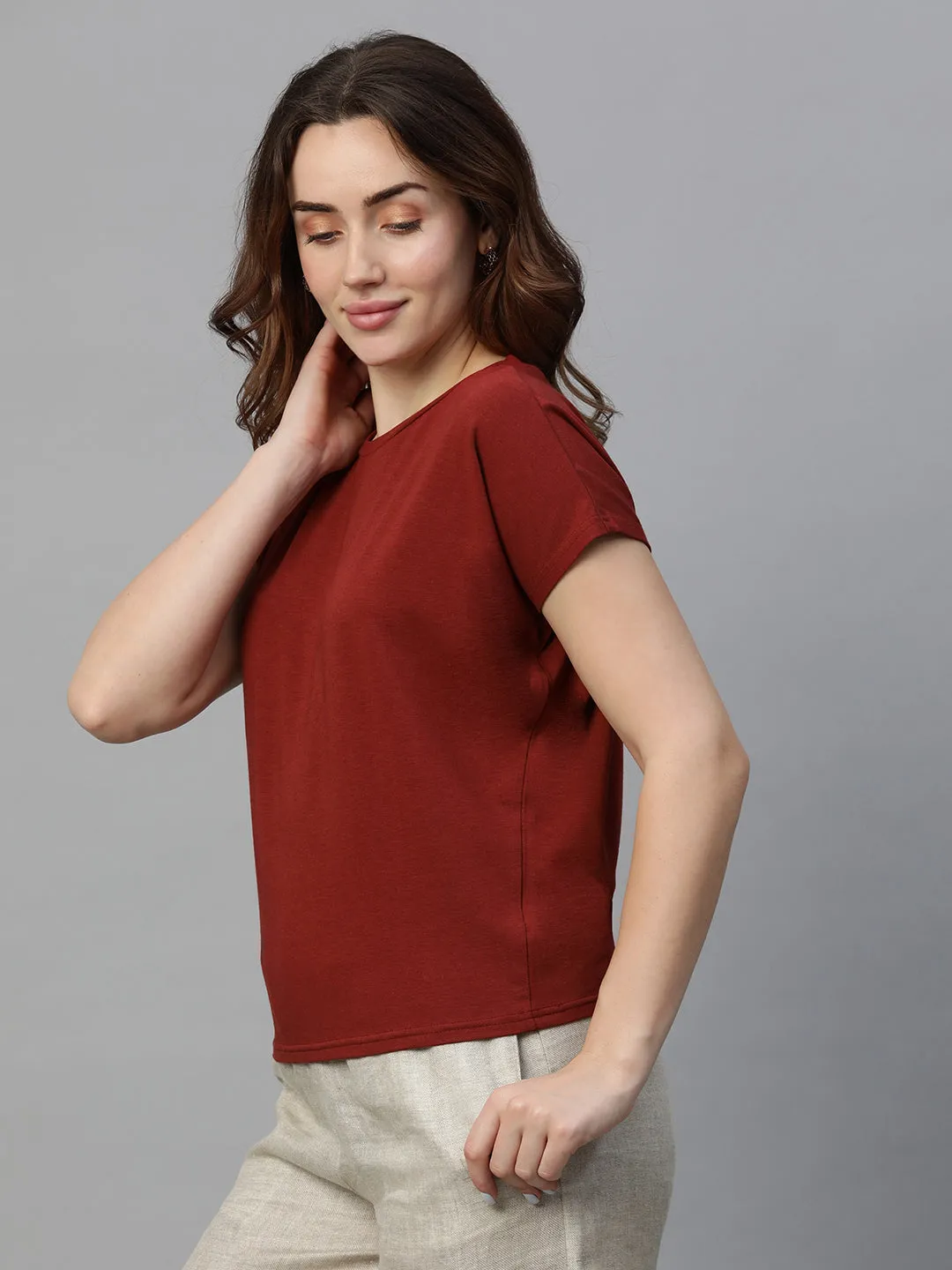 Women's Red Cotton Bamboo Elastane Regular Fit Tshirt