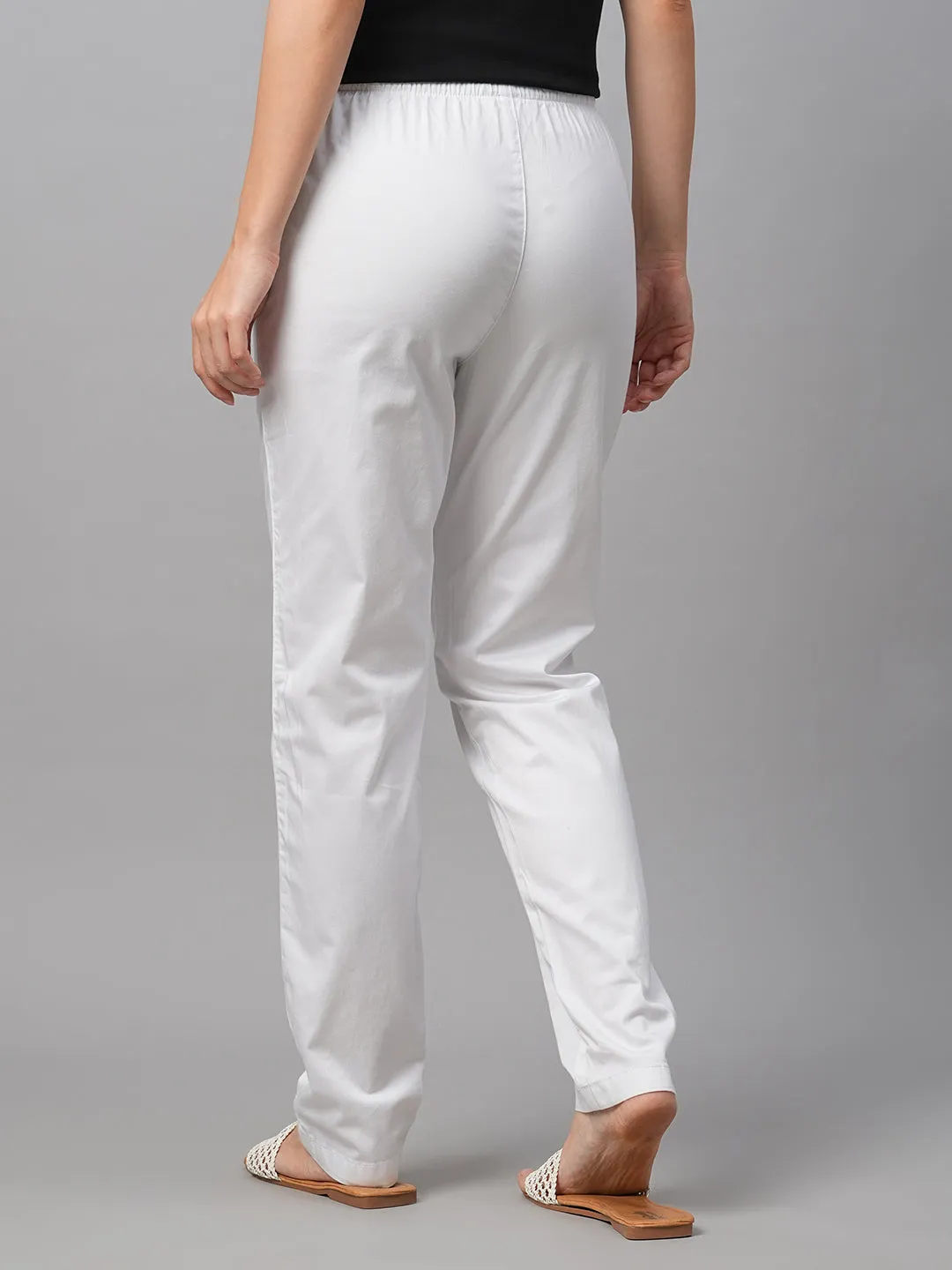 Women's White Cotton Lycra Regular Fit Pant