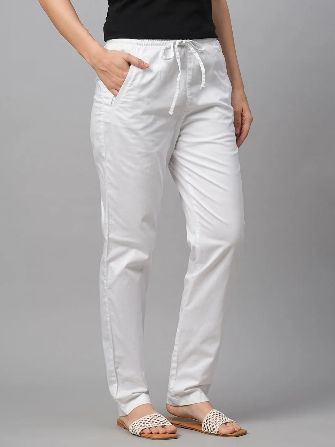 Women's White Cotton Lycra Regular Fit Pant