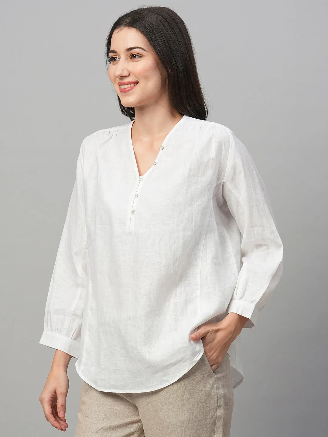 Women's White Linen Loose Fit Blouse