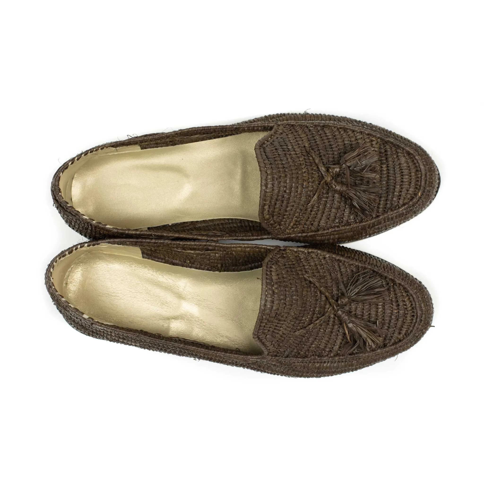 x El Karti: handmade Moroccan raffia tassel loafers, brown